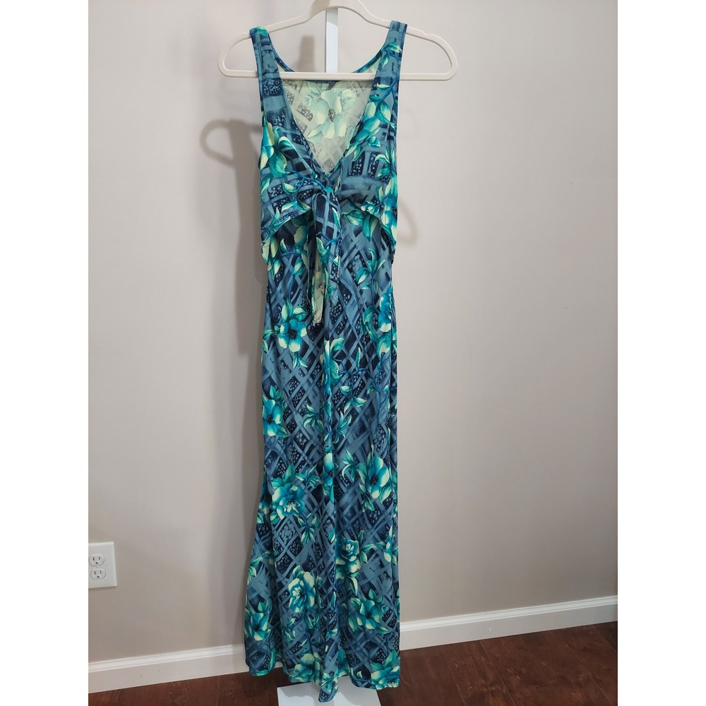Vintage 90s Blue Green Floral Tie Front Maxi Dress Size 5/6 Tropical Maximalist